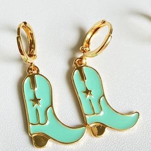 ⚡️ Turquoise Blue Green Cowboy Boot Huggie Hoop Dangle Earrings